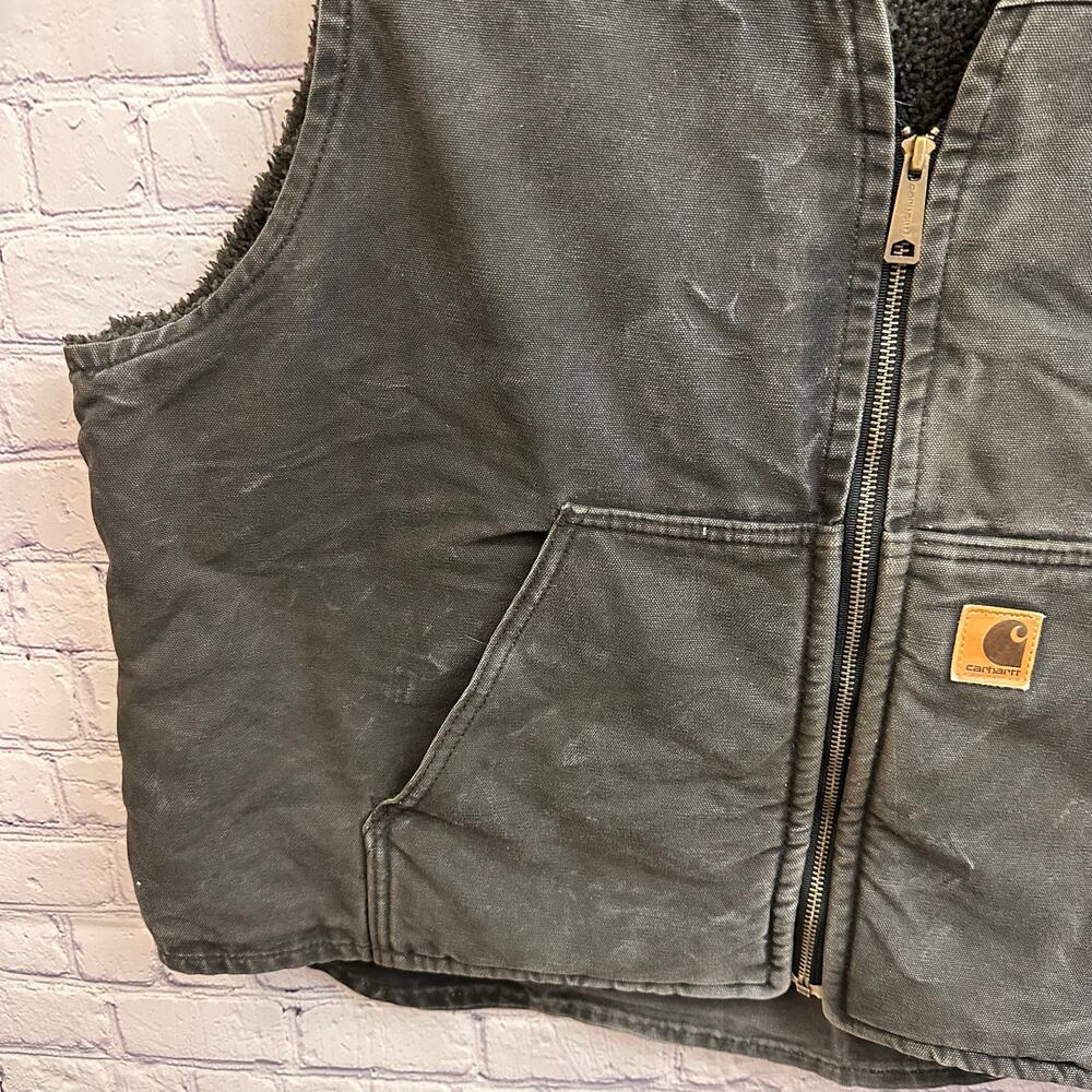 Vintage Charhartt Faded Black Sherpa Lined V Neck Zip Up Vest Men's 2XL V26 BLK - Picture 3 of 9